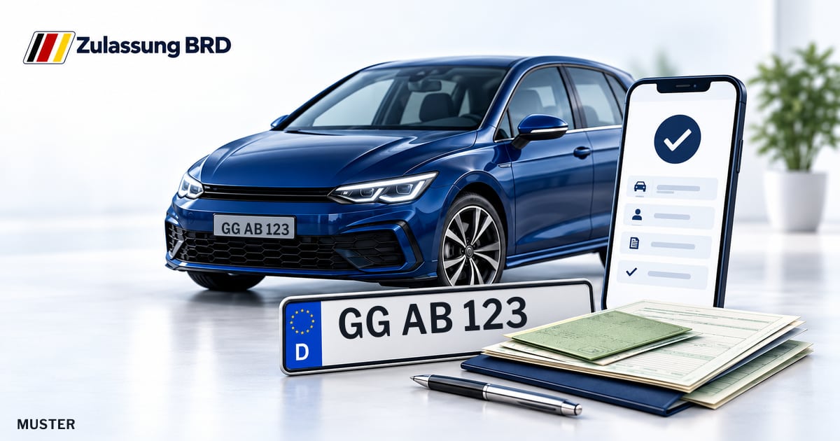 Online Fahrzeugzulassung in Landkreis Groß-Gerau: Musterkennzeichen GG AB 123, Auto und Fahrzeugpapiere und Smartphone. Illustration mit Logo von Zulassung BRD.
